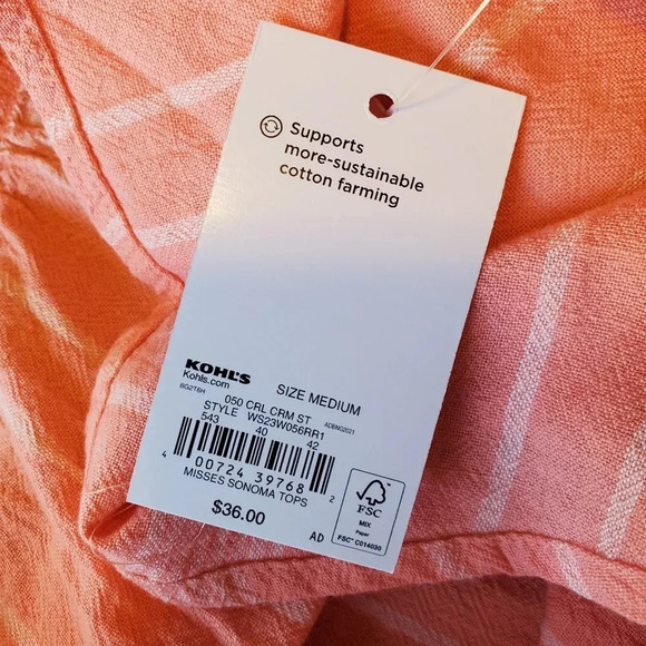 SONOMA | Flutter Shoulder Top in Coral Cream Stripe sz M - Picture 7 of 8